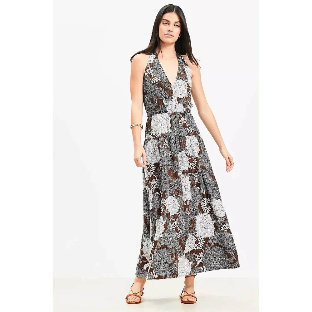 New Loft Brown White Floral Paisley Halter Maxi Dress Size 4 Boho‎ Summer V-Neck